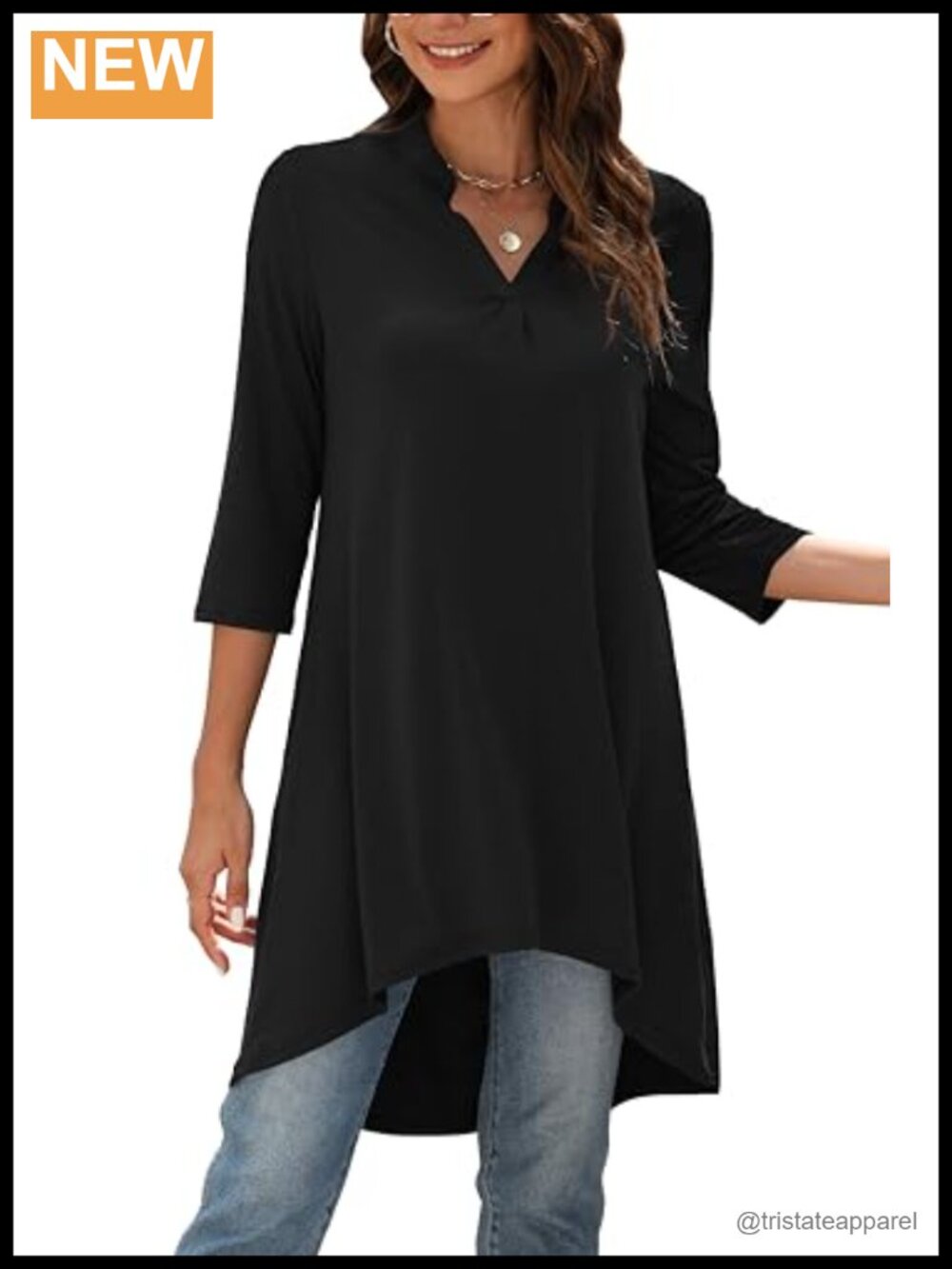 Extra Long Tunic Top High Low V Neck 3/4 Sleeve Loose Fit T-Shirt